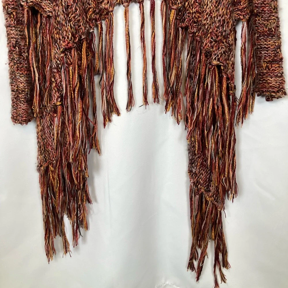 Gimmicks BKE Boho Fringe Open Front Shaggy Knit Cardigan Sz S Multi Color Rust
